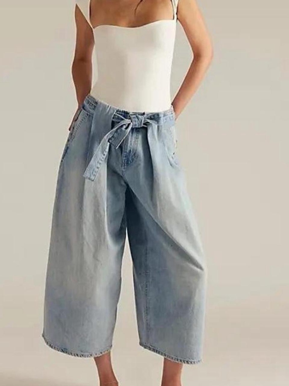 Free People Light Blue Wide-Leg High-Waist Tie-Belt Jeans